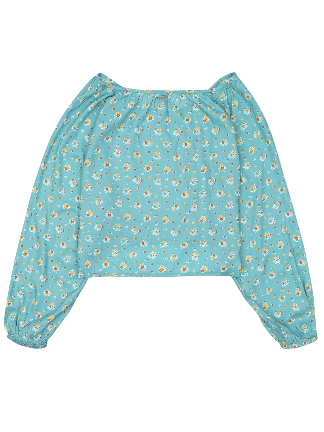Blue floral-patterned long-sleeve top on a white background