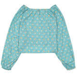 Blue floral-patterned long-sleeve top on a white background