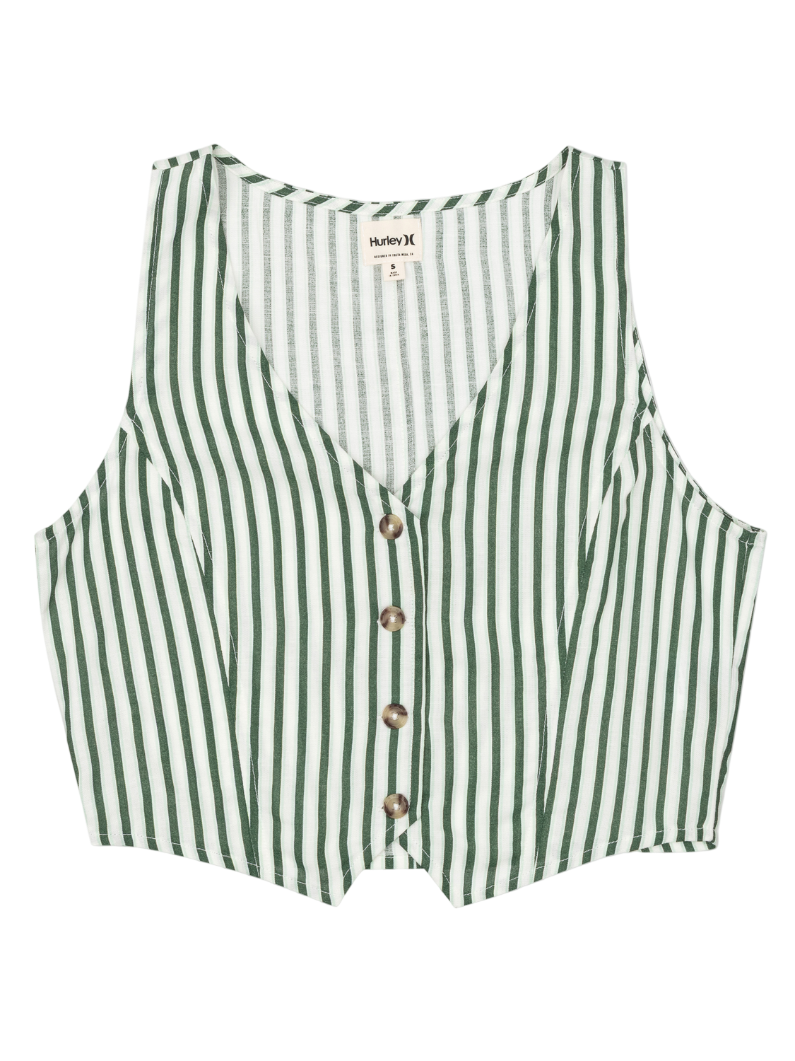 Green and white striped vest with buttons on a white background