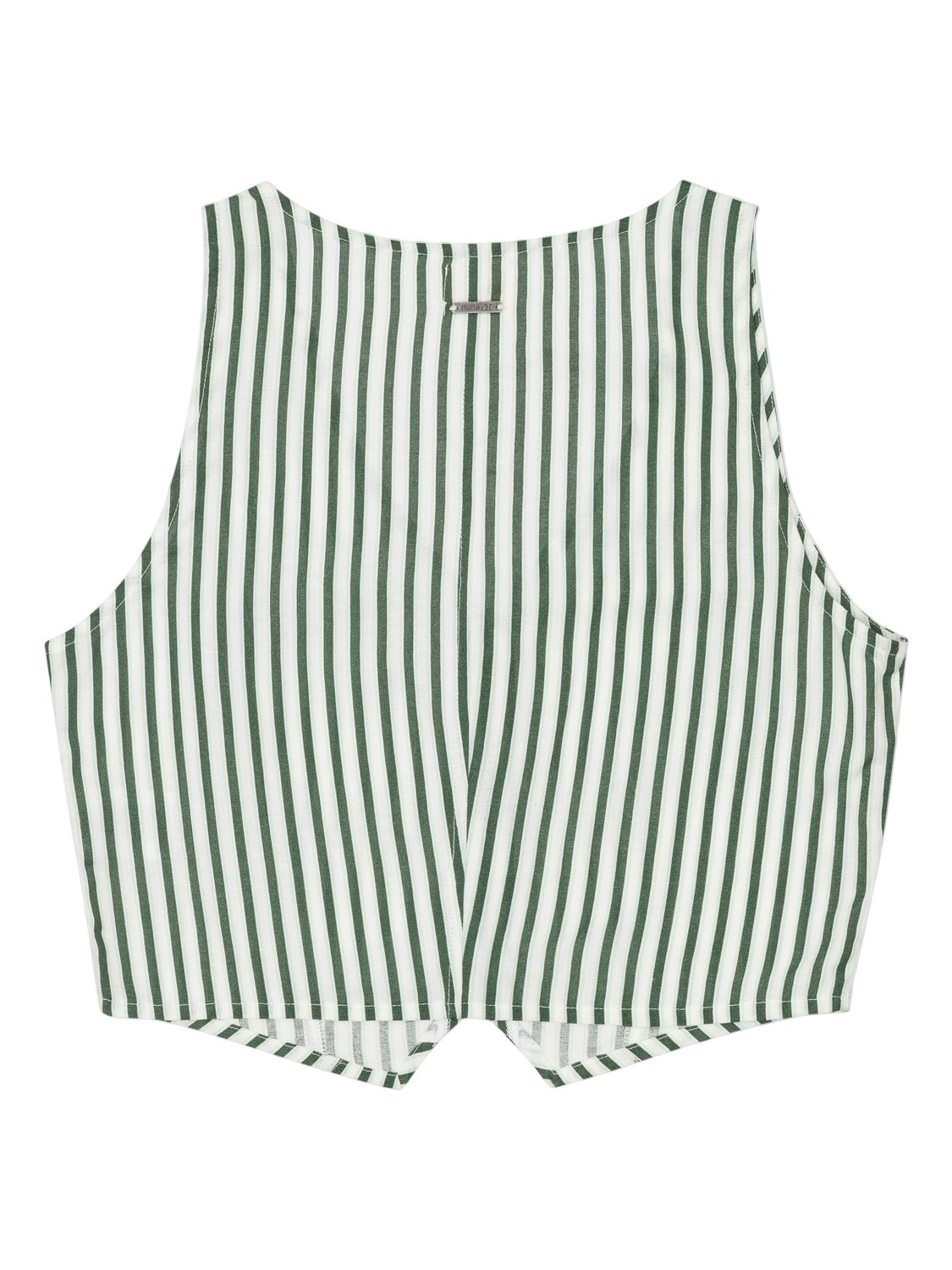 Green and white striped romper on a white background