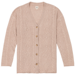 Beige cable knit cardigan with buttons on a white background