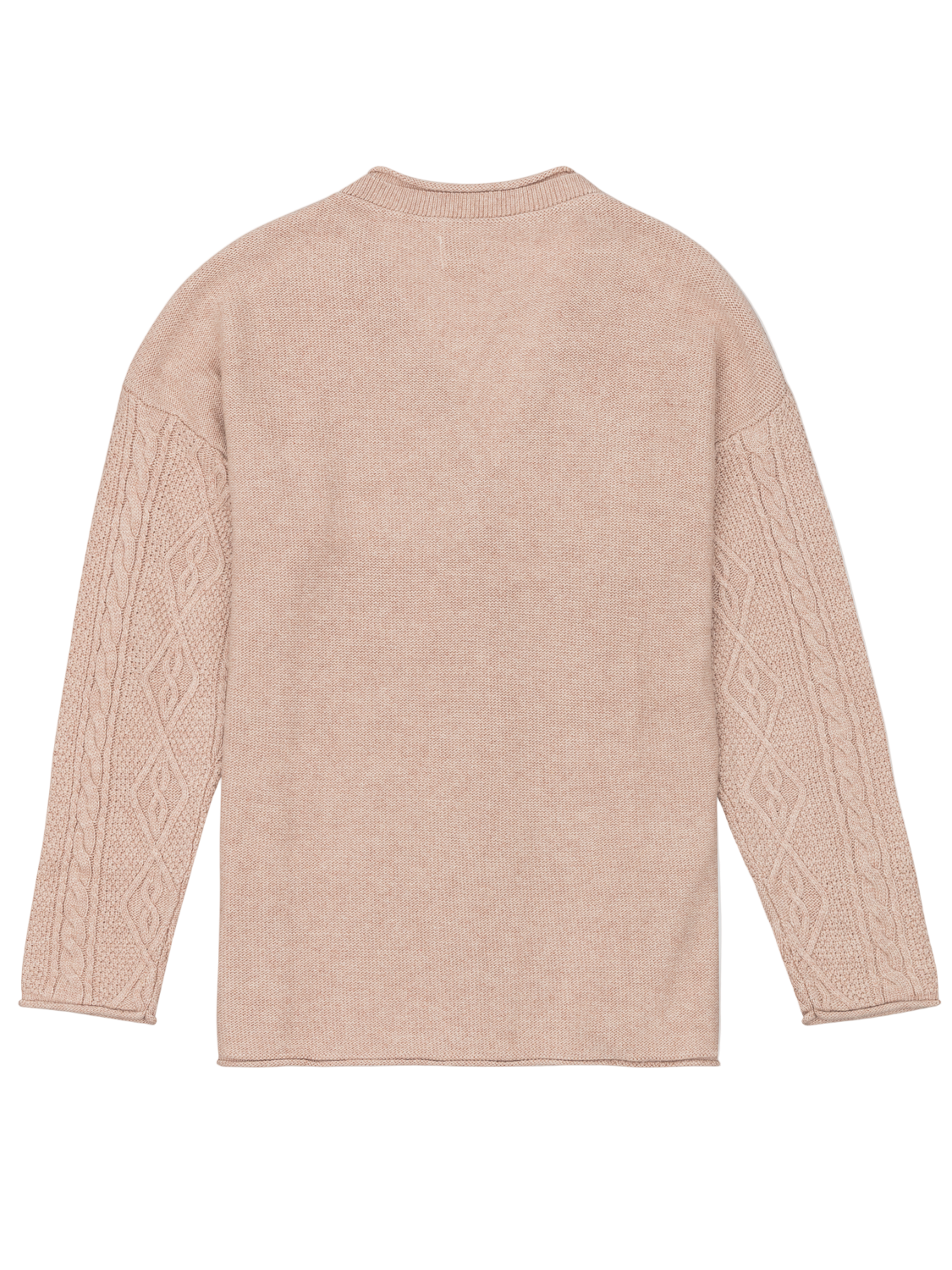 Beige sweater with cable knit pattern on a white background
