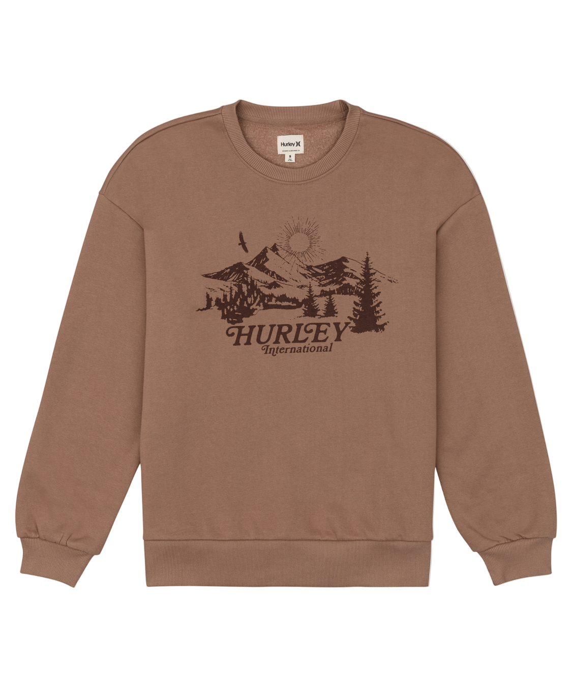 Brown sweatshirt with a graphic design and 'Hurley' branding on a white background