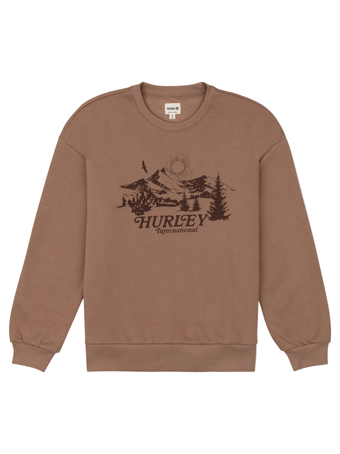 Brown sweatshirt with a graphic design and 'Hurley' branding on a white background
