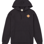 Black hoodie with a logo on the chest against a white background