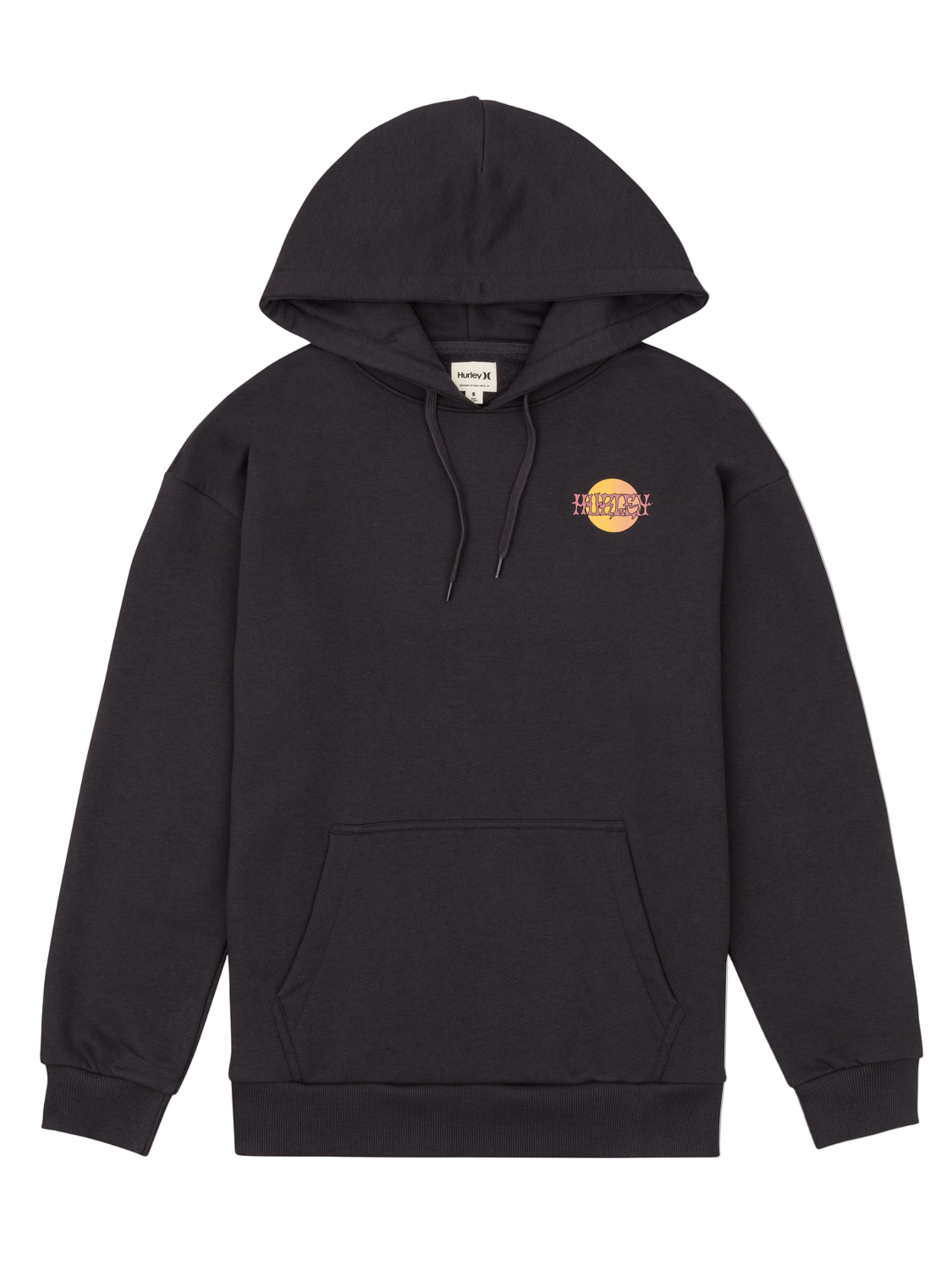 Black hoodie with a logo on the chest against a white background