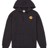 Black hoodie with a logo on the chest against a white background