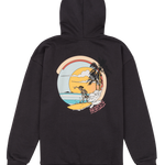 Black hoodie with a colorful graphic on the back featuring a beach scene.