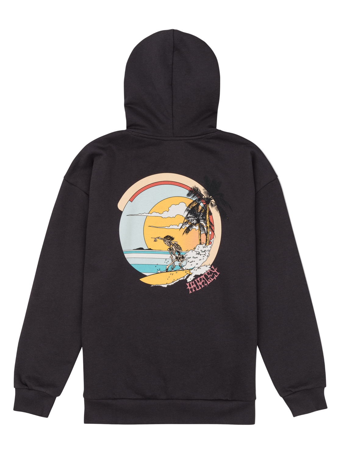 Black hoodie with a colorful graphic on the back featuring a beach scene.