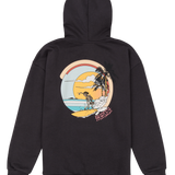 Black hoodie with a colorful graphic on the back featuring a beach scene.