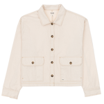 Beige jacket with button details on a white background