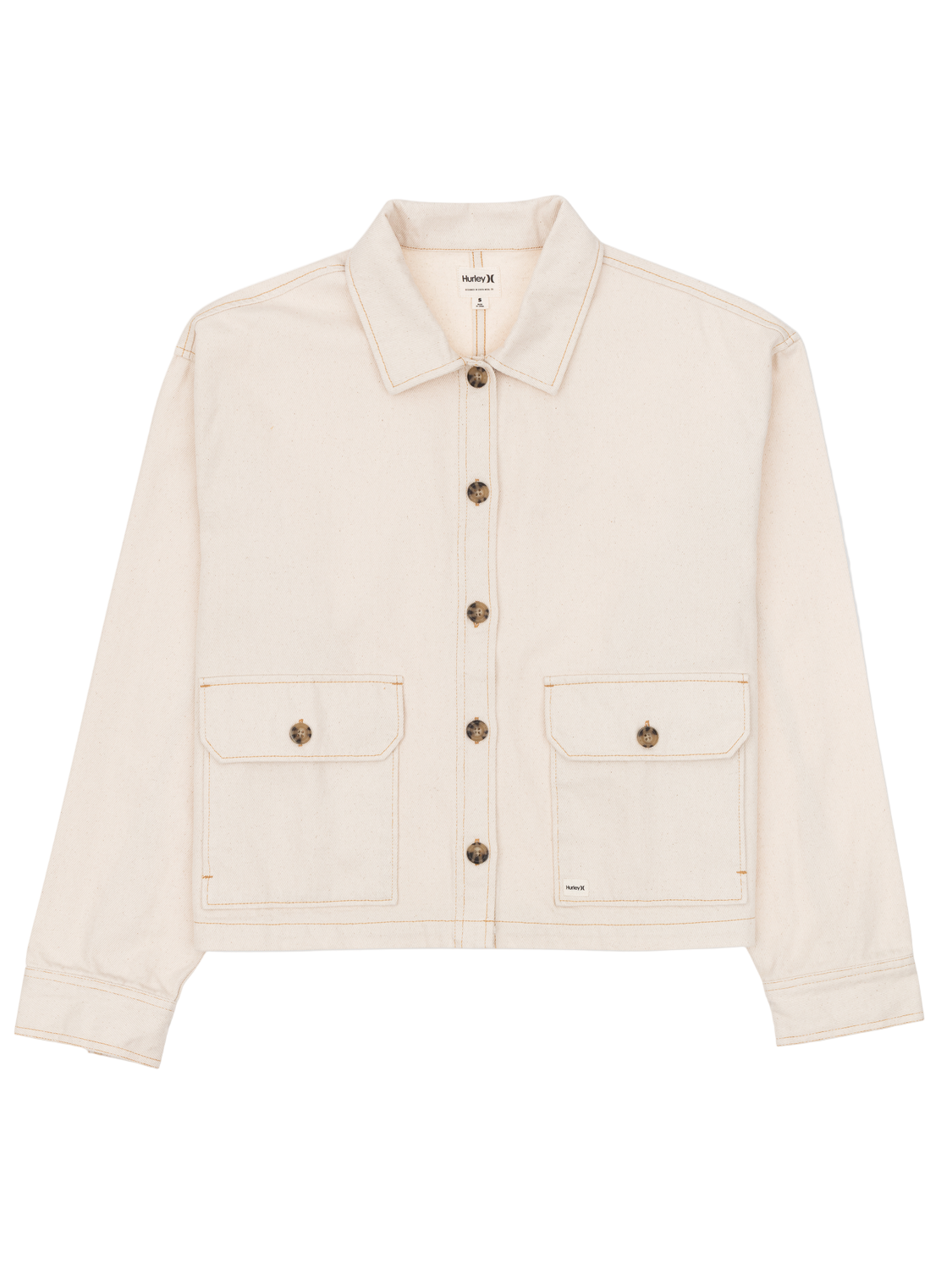 Beige jacket with button details on a white background