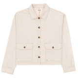 Beige jacket with button details on a white background