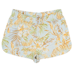 Tropical leaf patterned shorts on a white background