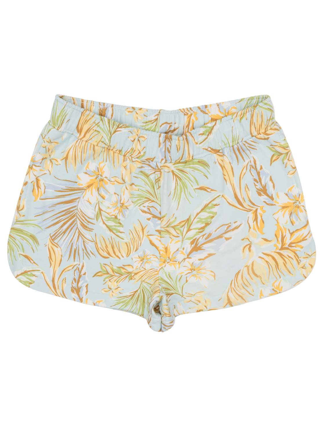 Tropical leaf patterned shorts on a white background