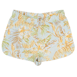 Tropical leaf patterned shorts on a white background