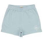 Light blue shorts with a brand logo on a white background