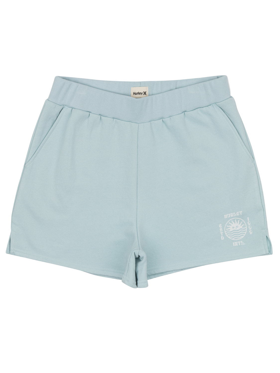 Light blue shorts with a brand logo on a white background