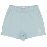 Light blue shorts with a brand logo on a white background