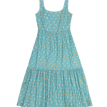 Teal dress with floral pattern on a white background