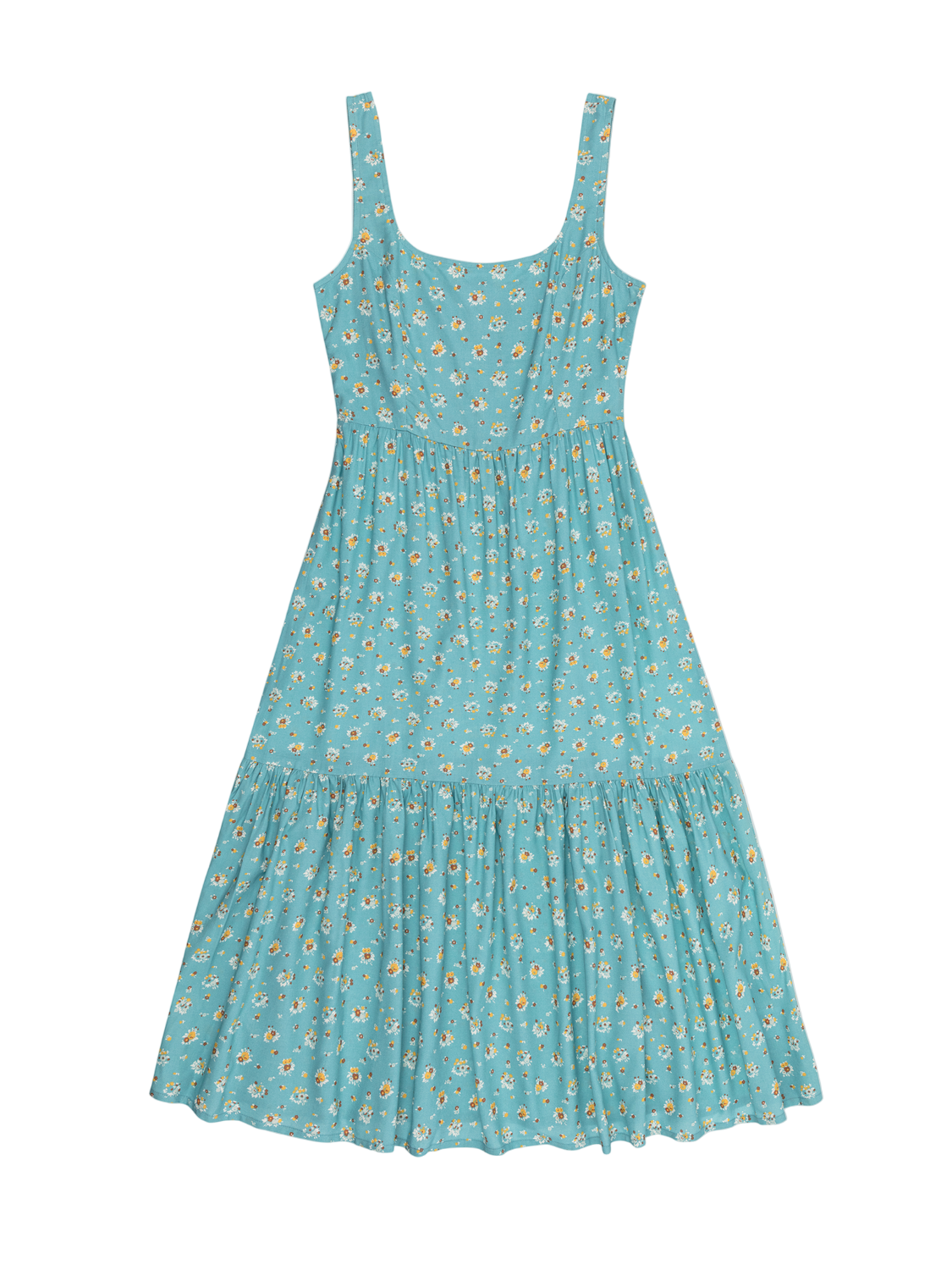 Teal dress with floral pattern on a white background