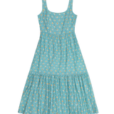 Teal dress with floral pattern on a white background