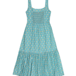 Teal dress with floral pattern on a white background
