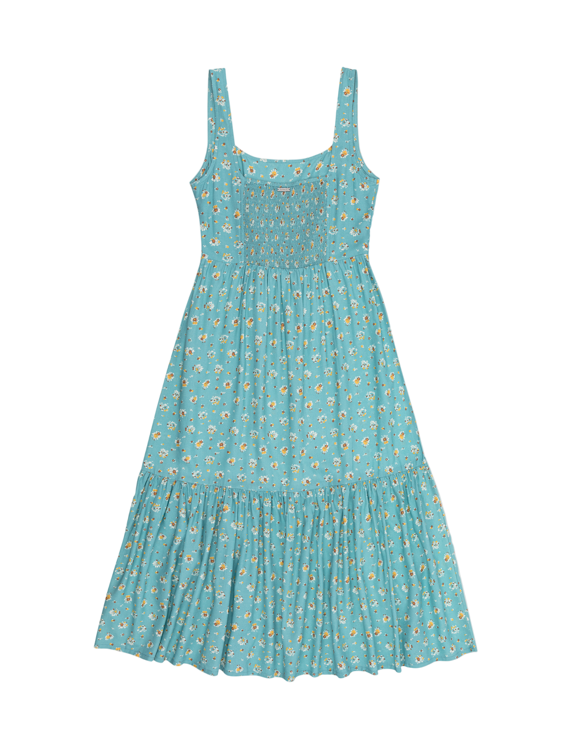 Teal dress with floral pattern on a white background