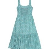 Teal dress with floral pattern on a white background