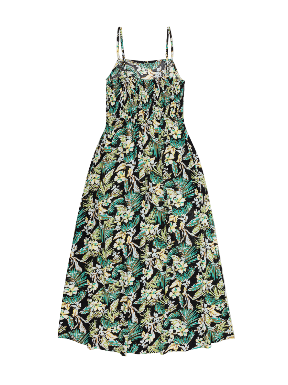 Floral dress with green and white pattern on a white background