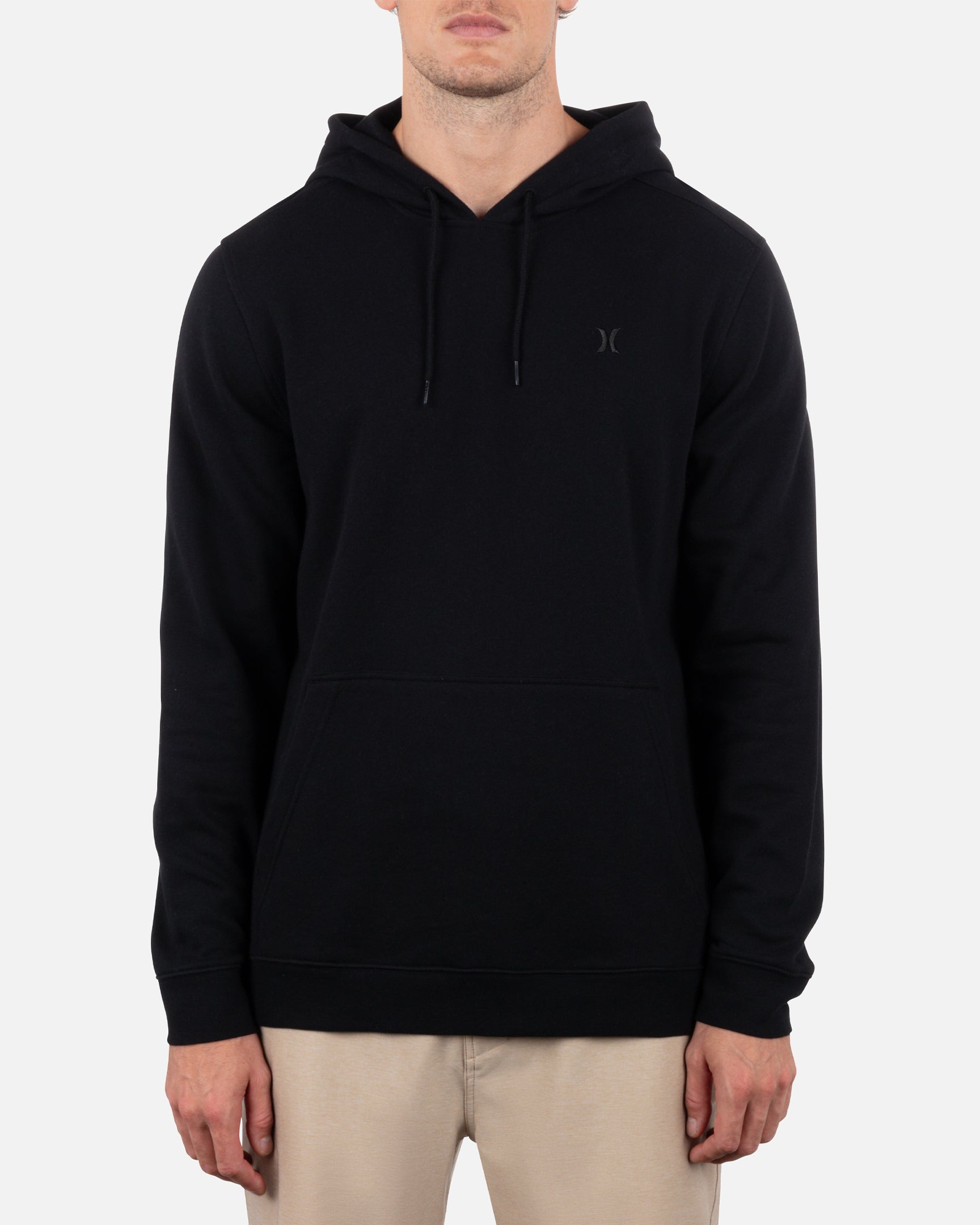 Black hoodie with Hurley logo, worn by a model.